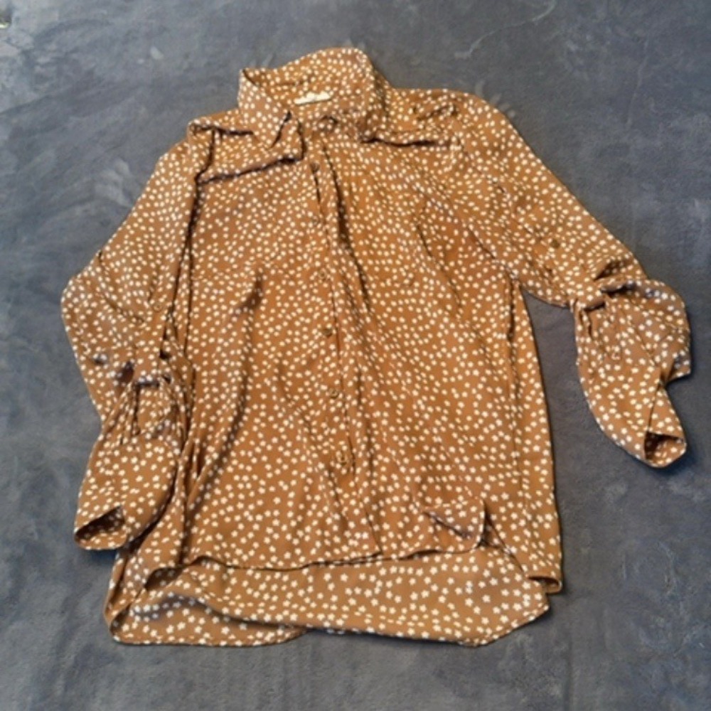 Unknown Button Down Shirt Women XL Brown White Floral Print Collared Long Sleeve
